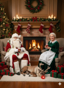 Santa and Mrs Claus by fireplace
